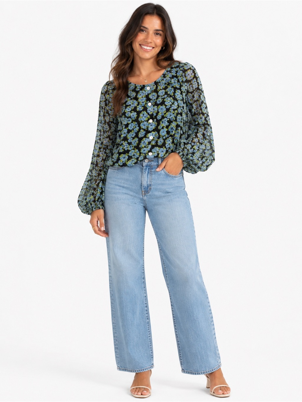 ZARA XS Blue Floral Balloon Sleeve Button Front Sheer Romantic Blouse